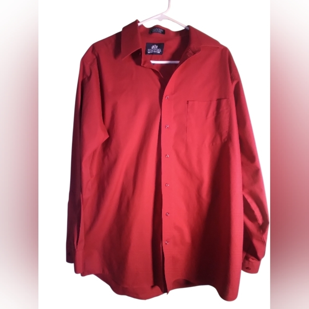 Stafford Mens Red Button-Up Shirt Left Front Pocket Long Sleeve Office Workwear